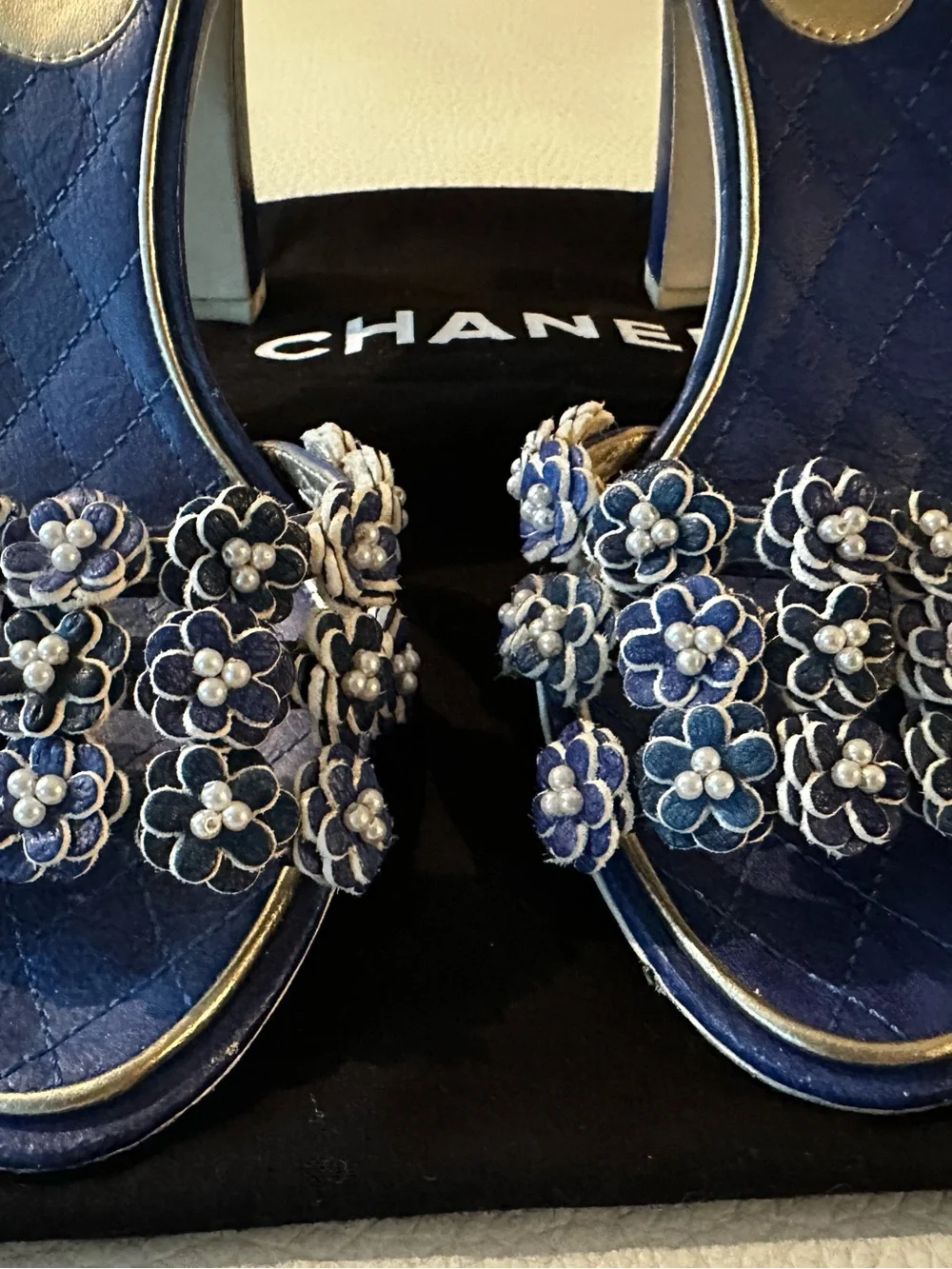 Chanel Vivid Blue Camellia Pearls CC Ankle Strap Sandals Eu 36